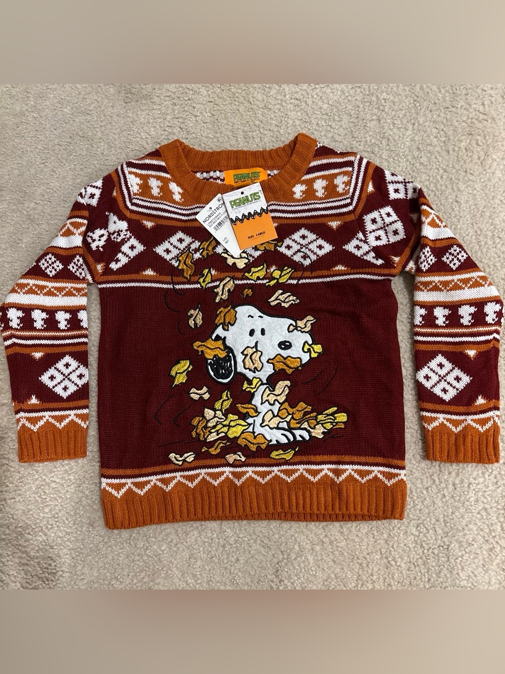 Peanuts Crewneck Sweater with Snoopy Leaf Design in Maroon & Orange